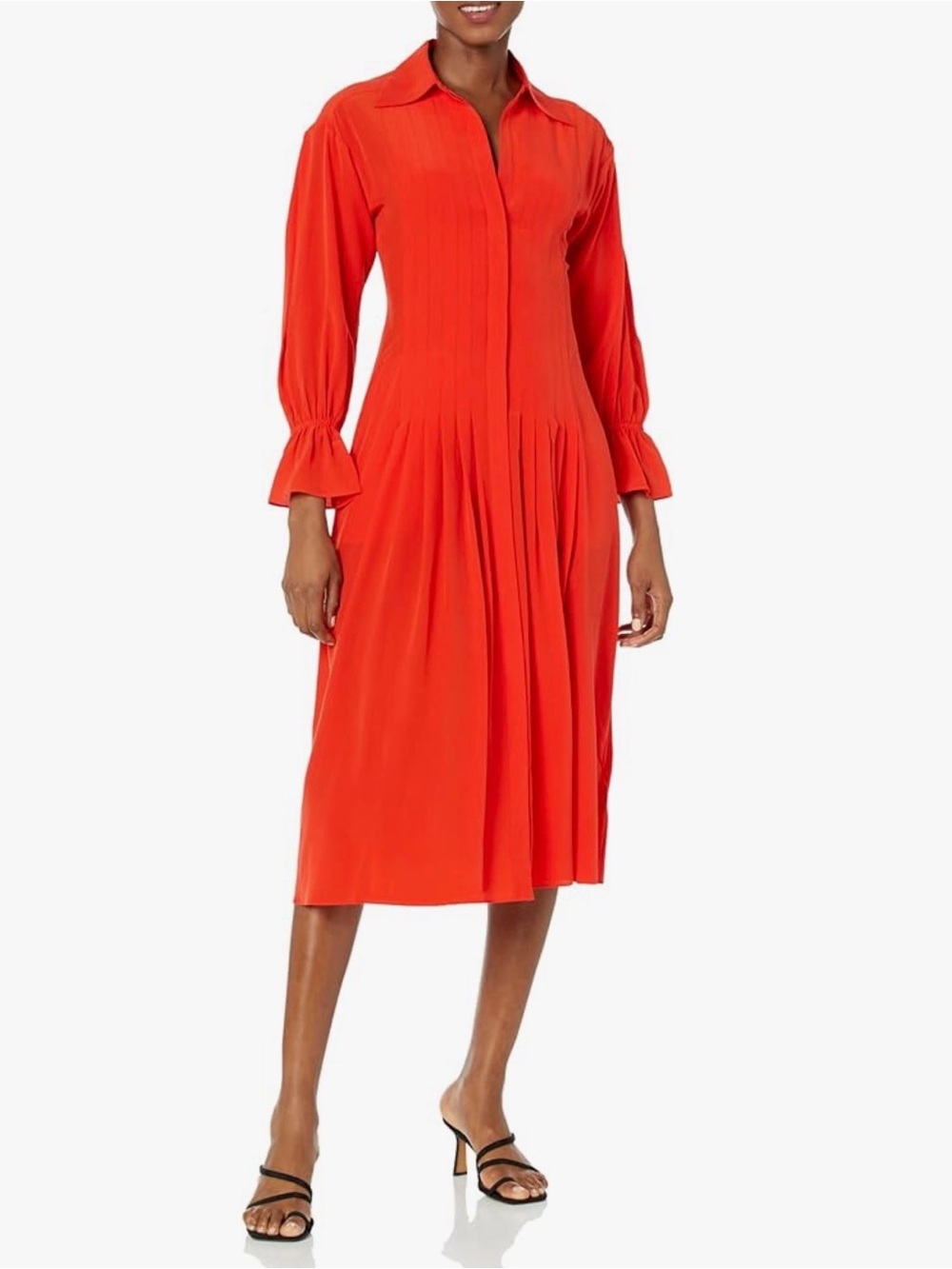 Vibrant Red Pleated Shirt Dress